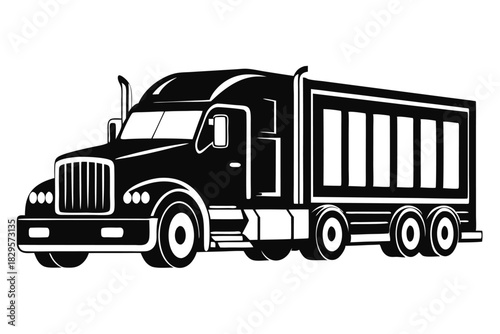 Black and white isolated dump truck icon has a solid industrial aesthetic