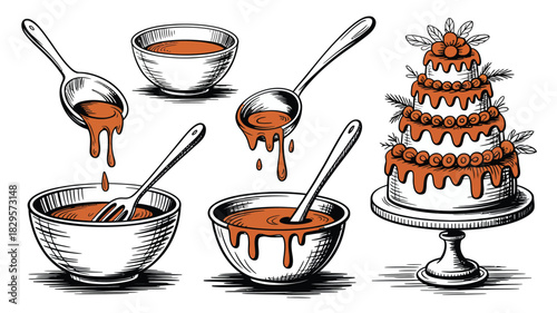 Illustration of bowls with sauce, spoons, and a three tiered cake with dripping glaze and berries