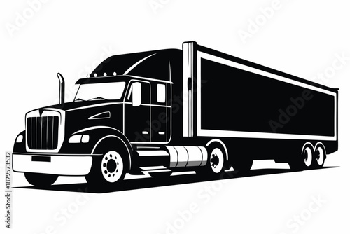 Vectorized monochrome tractor trailer showcases bold lines and a classic, powerful delivery vehicle