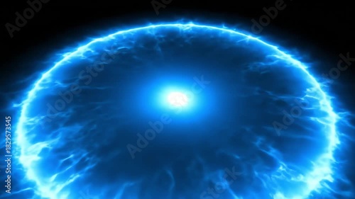 Abstract blue energy sphere expanding in darkness.