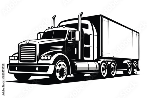 Black and white semi truck shows road transport with modern container and wheels