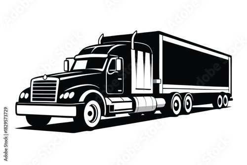 An isolated black and white drawing shows a commercial semi truck viewed from the side