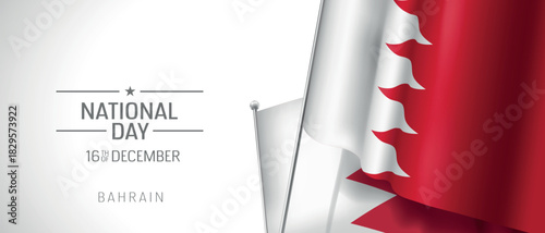 Bahrain happy national day greeting card, banner vector illustration. Bahraini holiday 16th of December design element with 3D flag