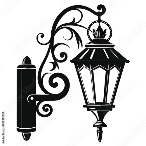 Forged iron vintage street lamp with mounting bracket displays elaborate, elegant, monochrome artistry