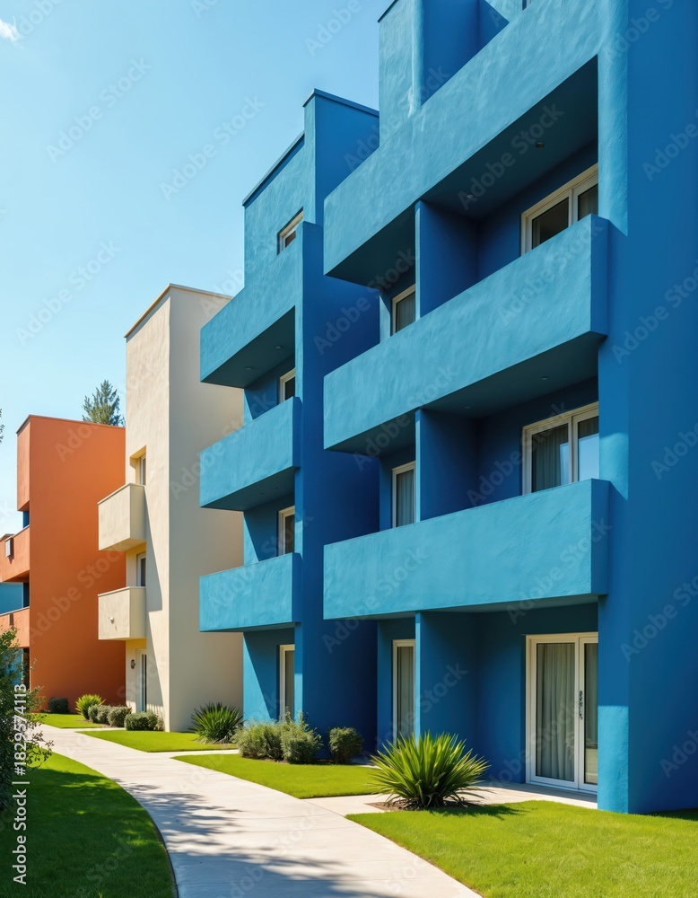Obraz premium Modern apartment buildings with colorful facades, blue, beige, orange. Residential complex features green lawns, walkway, clear sky. New homes architecture for urban living. Property estate