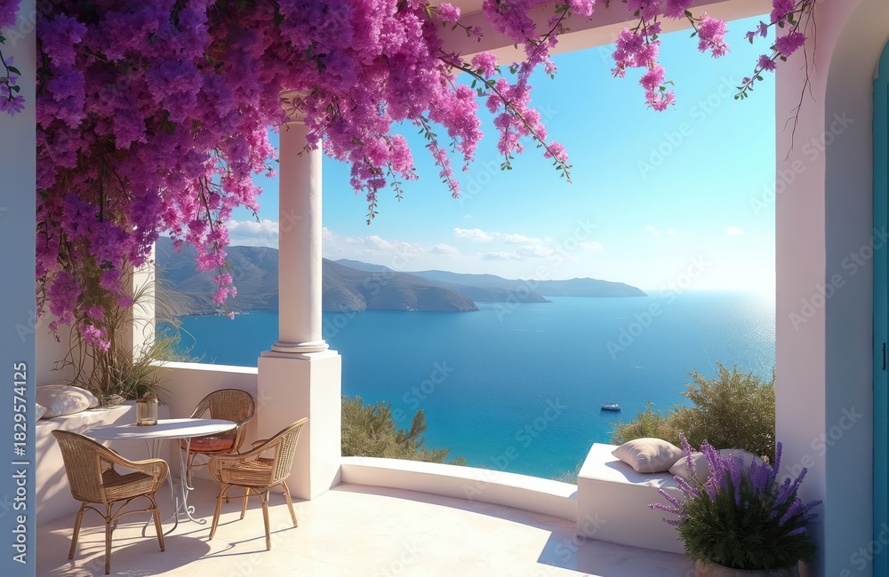 Obraz premium Terrace balcony overlooks bright blue sea. Purple flowers hang above wicker chairs and table. White columns frame picturesque island landscape and ocean. Summer vacation spot with tranquil sea view.