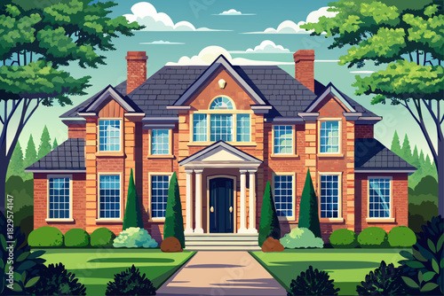 vector of The front view of the luxury brick wall house with black roof and large windows surrounded by green plants and trees that showcases beautiful and modern architecture.