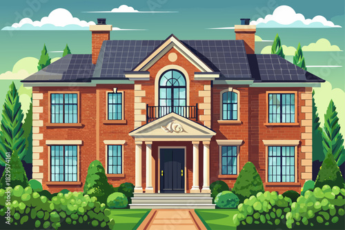 vector of The front view of the luxury brick wall house with black roof and large windows surrounded by green plants and trees that showcases beautiful and modern architecture.