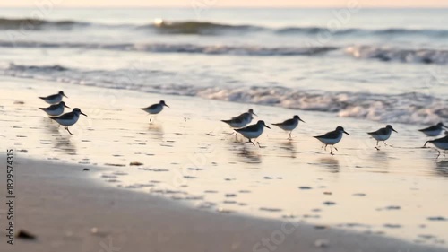 Birds walking on a sandy beach by the ocean shore at sunrise
