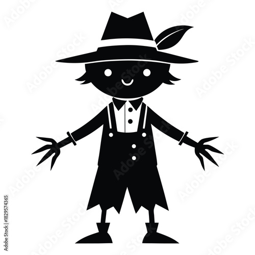 The black and white scarecrow wears hat and overall costume with a simple, cheerful smile