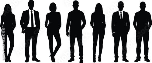 Silhouette group of diverse business professionals standing together in formal and casual attire, teamwork collaboration concept, modern corporate workforce illustration