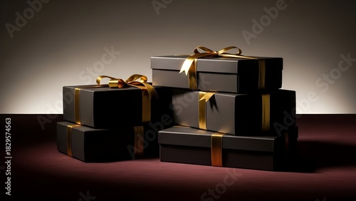 Stacked black gift boxes with gold ribbons against gradient background