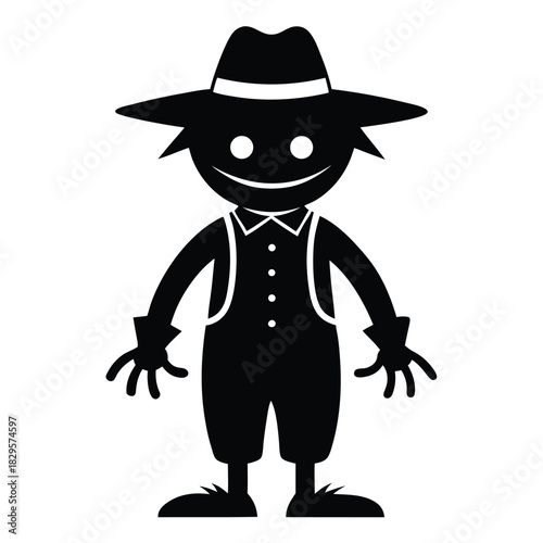 Happy cartoon scarecrow with hat stands upright with a cheerful expression on its face