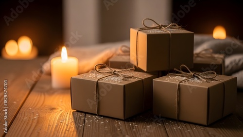Wrapped gift boxes with candles creating cozy atmosphere on wooden surface