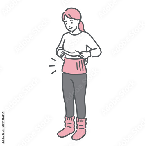 冷え性対策に腹巻を着ける女性のイラスト。体を温める習慣。