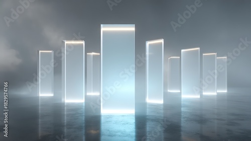 Frosted acrylic panels staggered in rhythmic alignment illuminated with soft glowing edges shadows crisp and accurate faint atmospheric