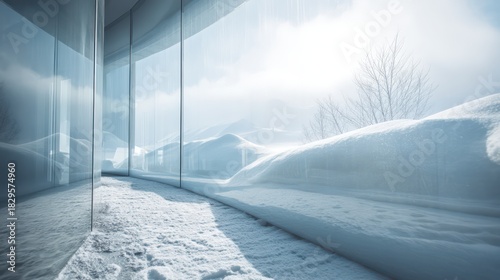 Frosted glass arc wall reflecting snow-covered landscape soft winter daylight and white ambient tones accurate reflections and depth
