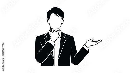 Black and white illustration of a businessman in a suit gesturing with one hand and touching his chin thoughtfully