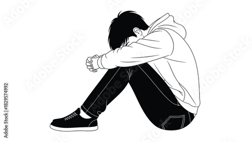 Black and white line art illustration of a sad young man sitting alone, head down