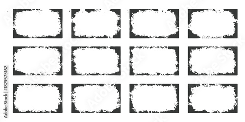 Distressed rectangular grunge frames set, dark texture borders collection on white