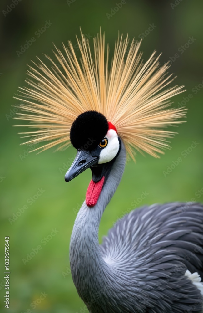 Naklejka premium Close up photo of grey crowned crane. This bird features a black head with golden crown and red wattle. Its plumage is intricate. The crane is set against blurred green background.