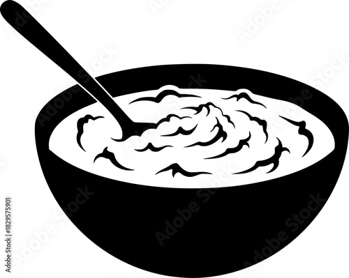 a black and white illustration of a bowl of food with a spoon