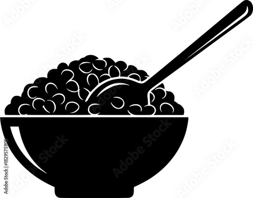 a black and white illustration of a bowl of food with a spoon