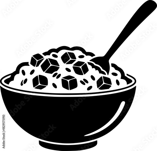 a black and white illustration of a bowl of food with a spoon