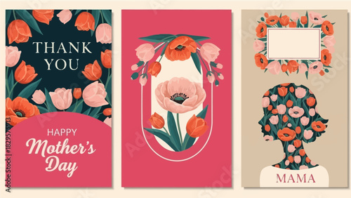 Modern Mother's Day Greeting Cards Set - Vintage Floral Illustration & Thank You Templates