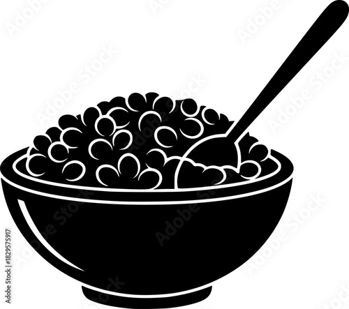 a black and white illustration of a bowl of food with a spoon