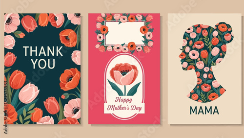 Modern Mother's Day Greeting Cards Set - Vintage Floral Illustration & Thank You Templates
