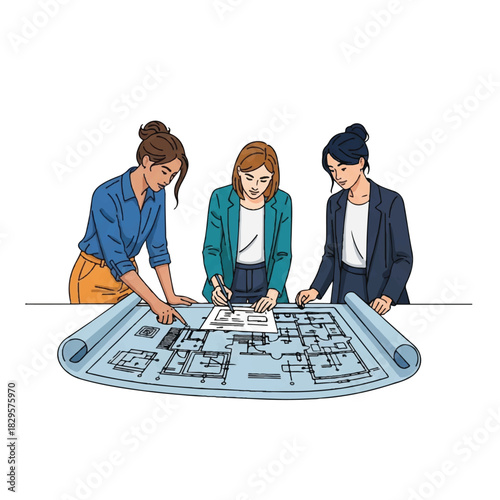 Architects collaborate over blueprints, discussing building plans and design details