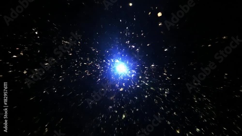 Abstract blue glowing particles exploding in dark space.
