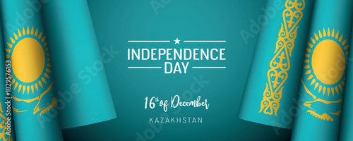 Kazakhstan independence day vector banner, greeting card. Kazakh wavy flag in 16th of December national patriotic holiday horizontal design