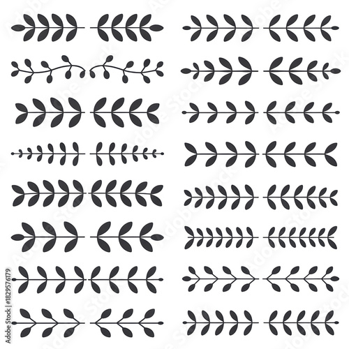 This image presents a collection of elegant, minimalist decorative borders composed of stylized botanical elements. The style is clean and graphic, with a focus on symmetrical, repeating patterns. 