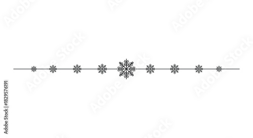 Minimal horizontal divider with delicate black snowflakes aligned along a thin line on a clean white background, ideal for Christmas invitations, greeting cards, web banners, page borders and winter