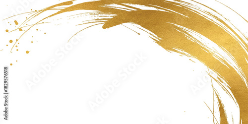 Elegant golden paint brush stroke artistic texture with splatters and white background