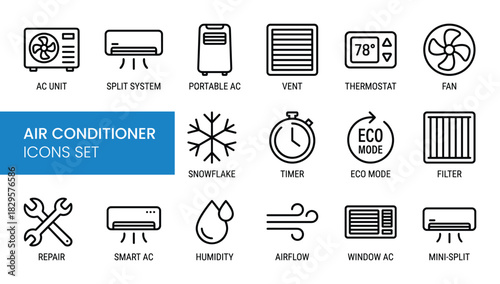 Air conditioner icons set outline style for web design user interface and print