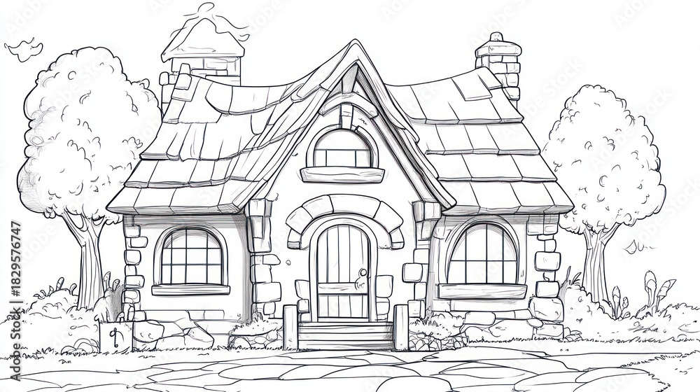 Obraz premium Sketch of a whimsical stone cottage, outdoor scene, illustration for children's book, possible use in design, animation, or education