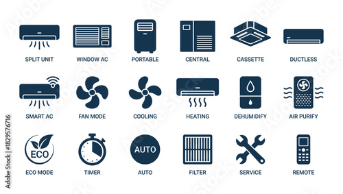 Air conditioning and cooling system line icons set split unit window ac portable central cassette ductless smart ac fan mode heating dehumidify air purify eco mode timer auto filter service remote