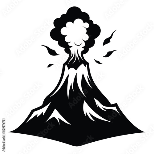 The isolated volcano emitting smoke in a stylized black mountain formation is shown here