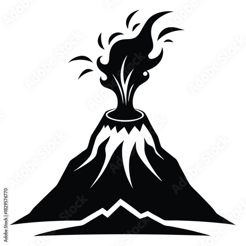 Silhouette erupting volcano shows spewing lava and smoke coming from the crater opening