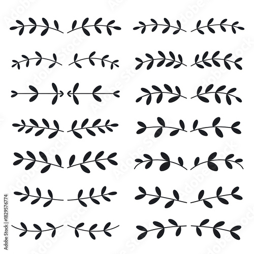 A collection of decorative, hand-drawn botanical dividers, presented in a clean, flat design style. Each divider consists of two mirroring branches, often with a small central embellishment .