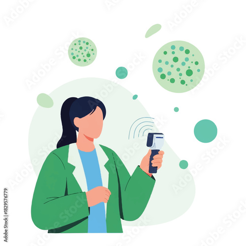 Person holding infrared thermometer to measure temperature with virus particles illustration