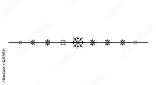 Minimal horizontal divider with delicate black snowflakes aligned along a thin line on a clean white background, ideal for Christmas invitations, greeting cards, web banners, page borders and winter
