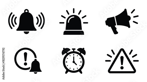 Alarm bell and alert notification line icons set including megaphone siren and warning sign vector illustration
