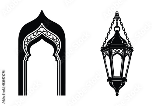 Set of black silhouettes featuring a traditional arabic arch gate and a hanging lantern