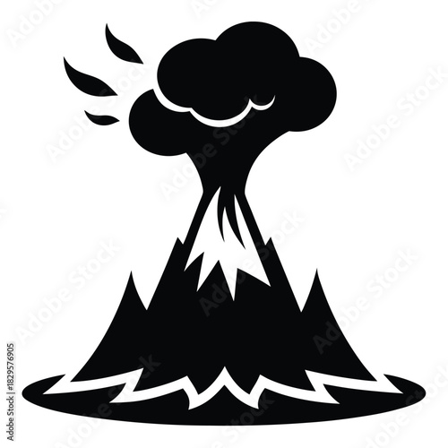 Black volcano erupts with smoke on a lava bed, emitting ash in the air