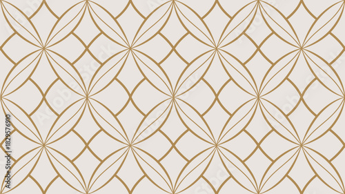 Beige background with a repeating pattern of gold geometric shapes and intersecting curved lines design
