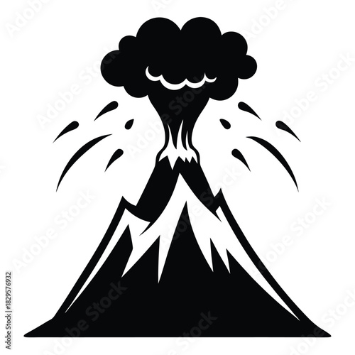 The black silhouette of a stylized volcano erupts with lava and a dark cloud
